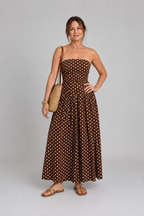 Sorien brown polka dot strapless maxi dress, front view