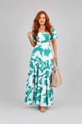 Orelina floral off-shoulder maxi dress in green and white, front view