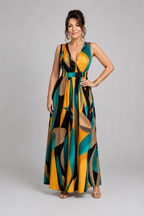 Zarela abstract print sleeveless maxi dress in teal, amber and black, front view