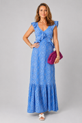 Alure blue printed maxi dress with ruffle-trimmed V-neck, full-length front view