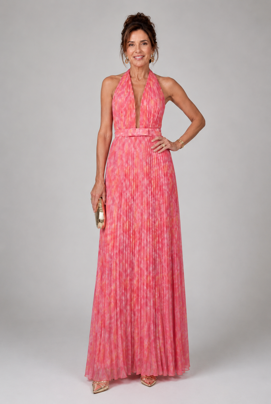 Rosel pleated halter maxi dress in pink abstract print, front view