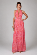 Rosel pleated halter maxi dress in pink abstract print, front view
