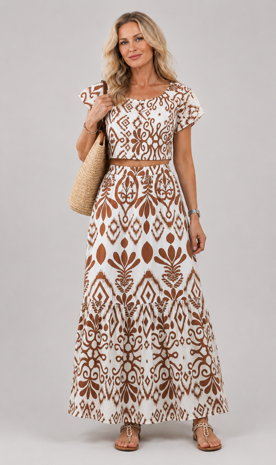 Numan flutter sleeve maxi dress in brown and white print, front view