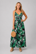 Maravelle palm print sleeveless maxi dress with V-neck, full-length front view