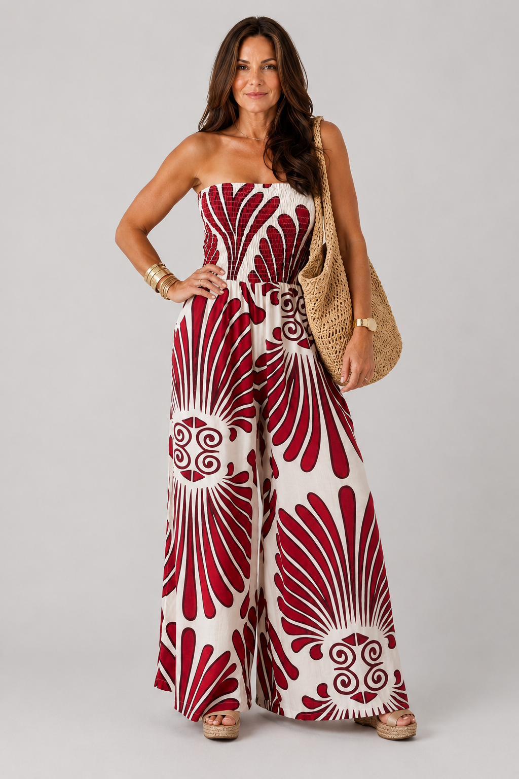Dyman strapless wide-leg jumpsuit in red and cream abstract print, front view