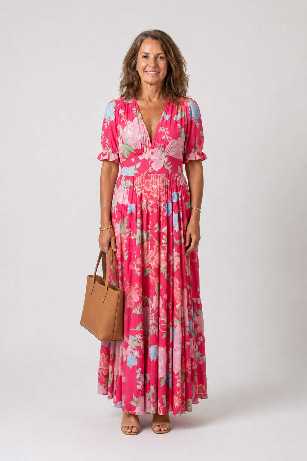 Lone floral maxi dress in pink with V-neck and short puff sleeves, front view