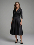 Genivev - Wrap Bodice Midi Dress With Three-Quarter Sleeves