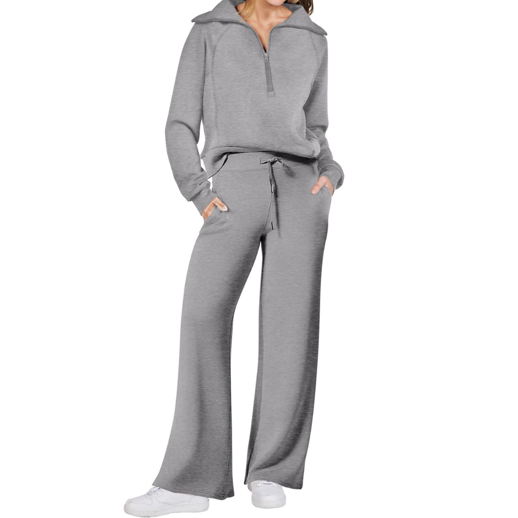 Hazel - Cozy Zip-Up Wide Leg Sweatsuit Set