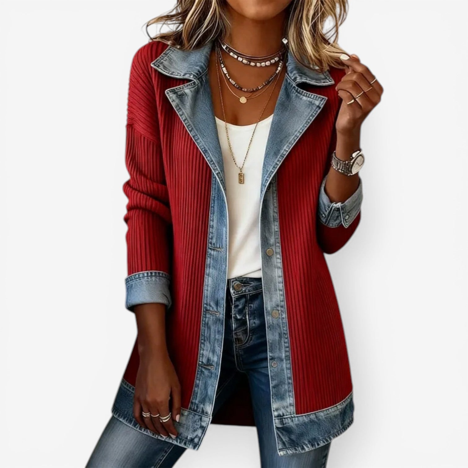Tricia - Modern Layered Denim Knit Jacket