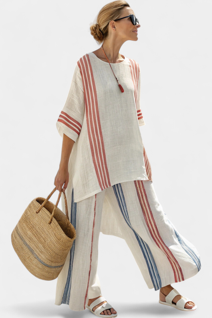 Vicky - Sophisticated Multicolored Striped Top and Mediterranean Pants