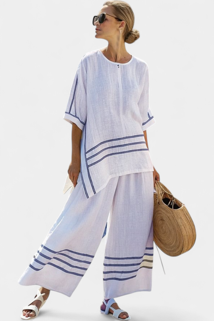Rina - Sophisticated Asymmetric Striped Top and Bold Pants