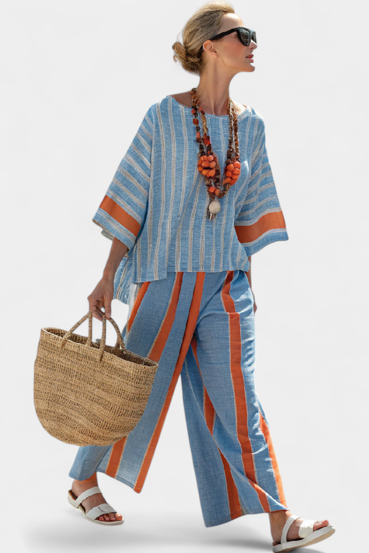 Ria - Sophisticated Terracotta Striped Top and Linen Pants