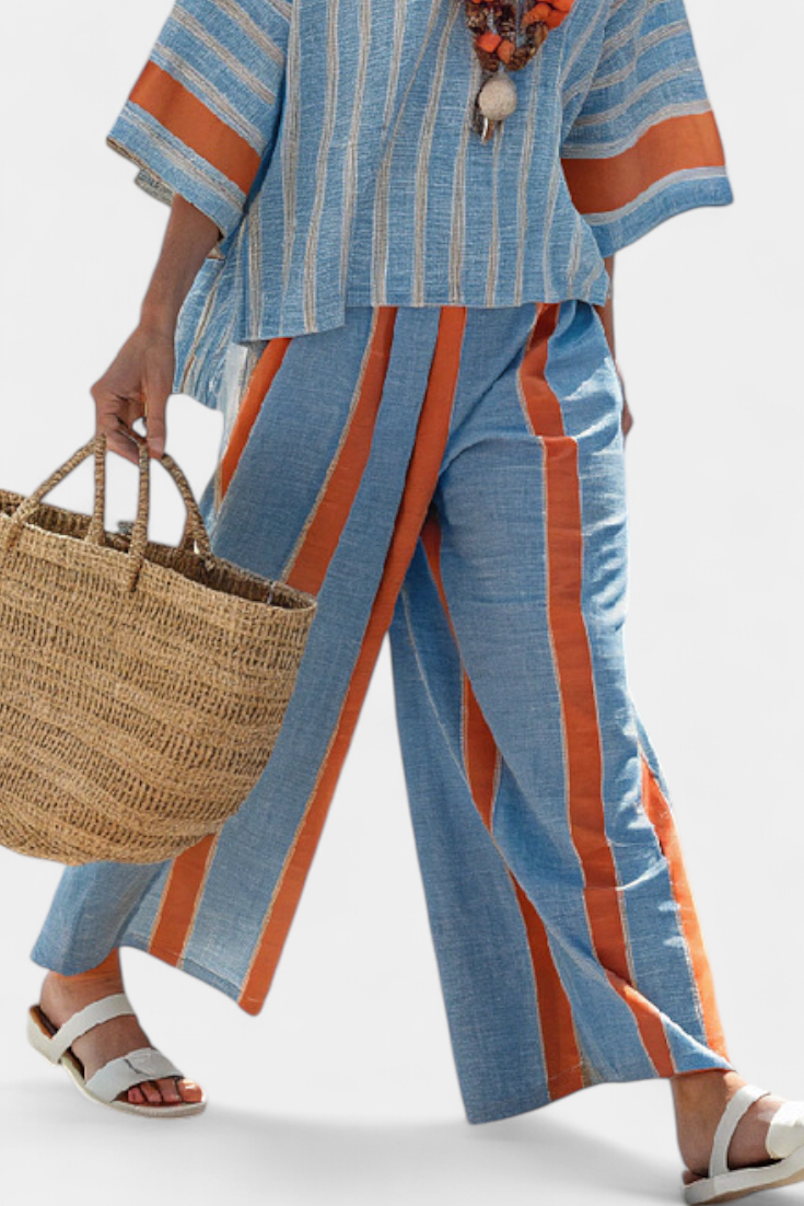 Ria - Sophisticated Terracotta Striped Top and Linen Pants