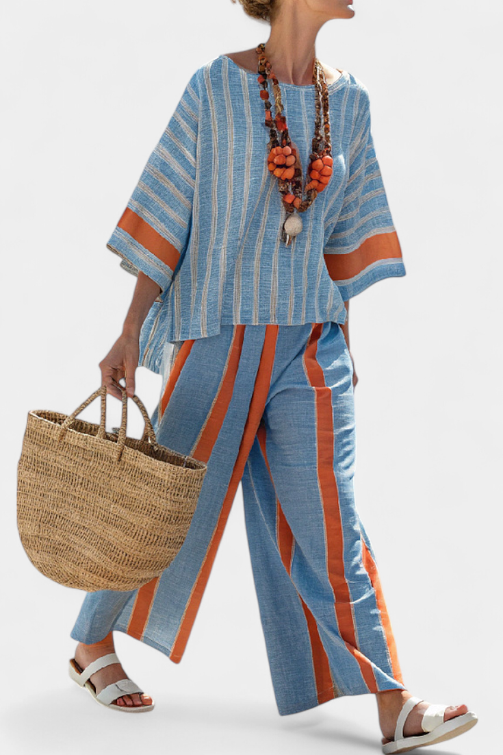 Ria - Sophisticated Terracotta Striped Top and Linen Pants