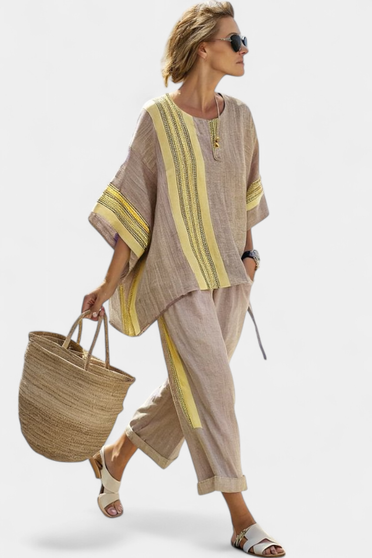 Denisse - Elegant Lavender Top and Mustard-Striped Pants