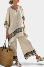 Marie - Elegant Black Striped Linen Top and Flowing Pants