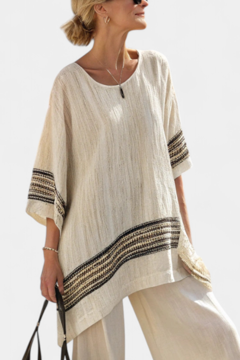 Marie - Elegant Black Striped Linen Top and Flowing Pants