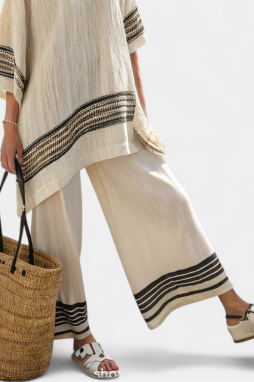 Marie - Elegant Black Striped Linen Top and Flowing Pants