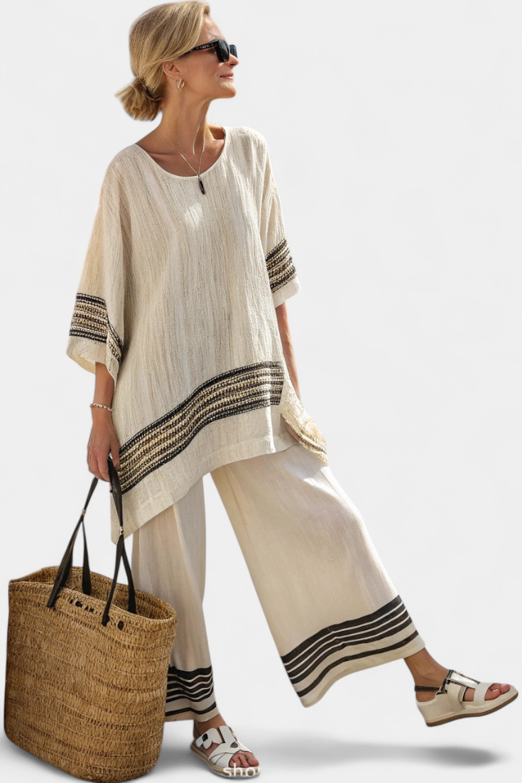 Marie - Elegant Black Striped Linen Top and Flowing Pants