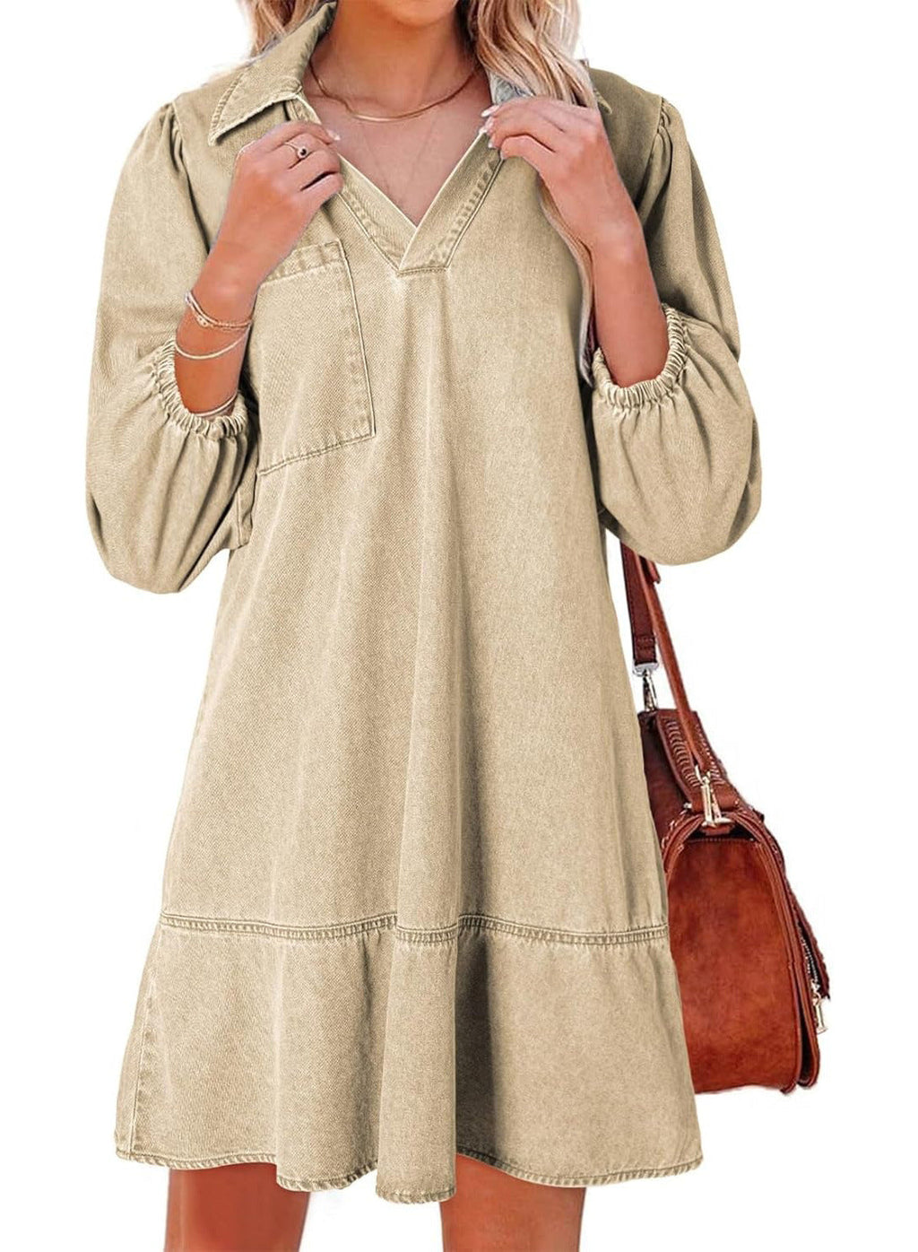 Aria - V-Neck Puff Sleeve Babydoll Dress