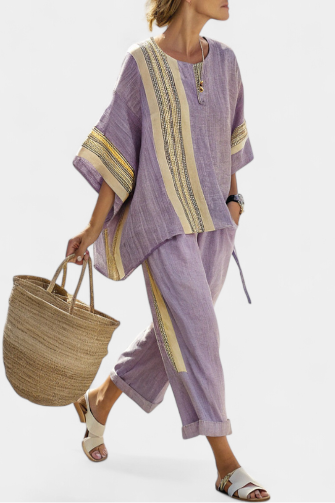 Denisse - Elegant Lavender Top and Mustard-Striped Pants