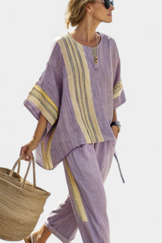 Denisse - Elegant Lavender Top and Mustard-Striped Pants