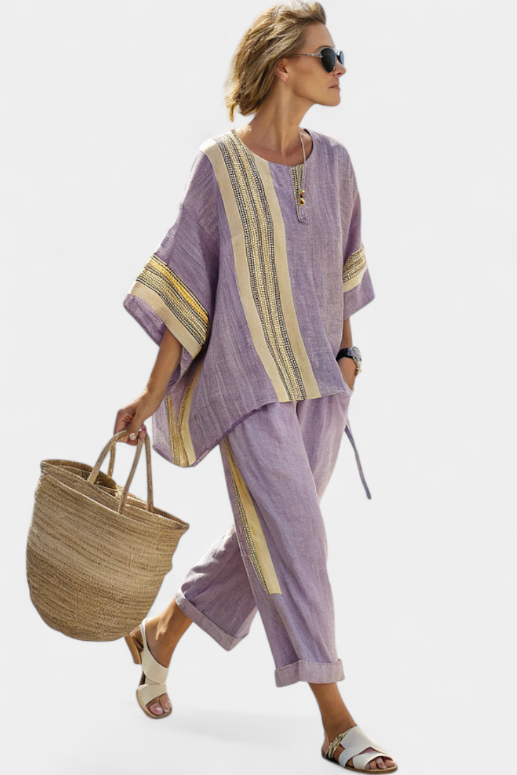 Denisse - Elegant Lavender Top and Mustard-Striped Pants