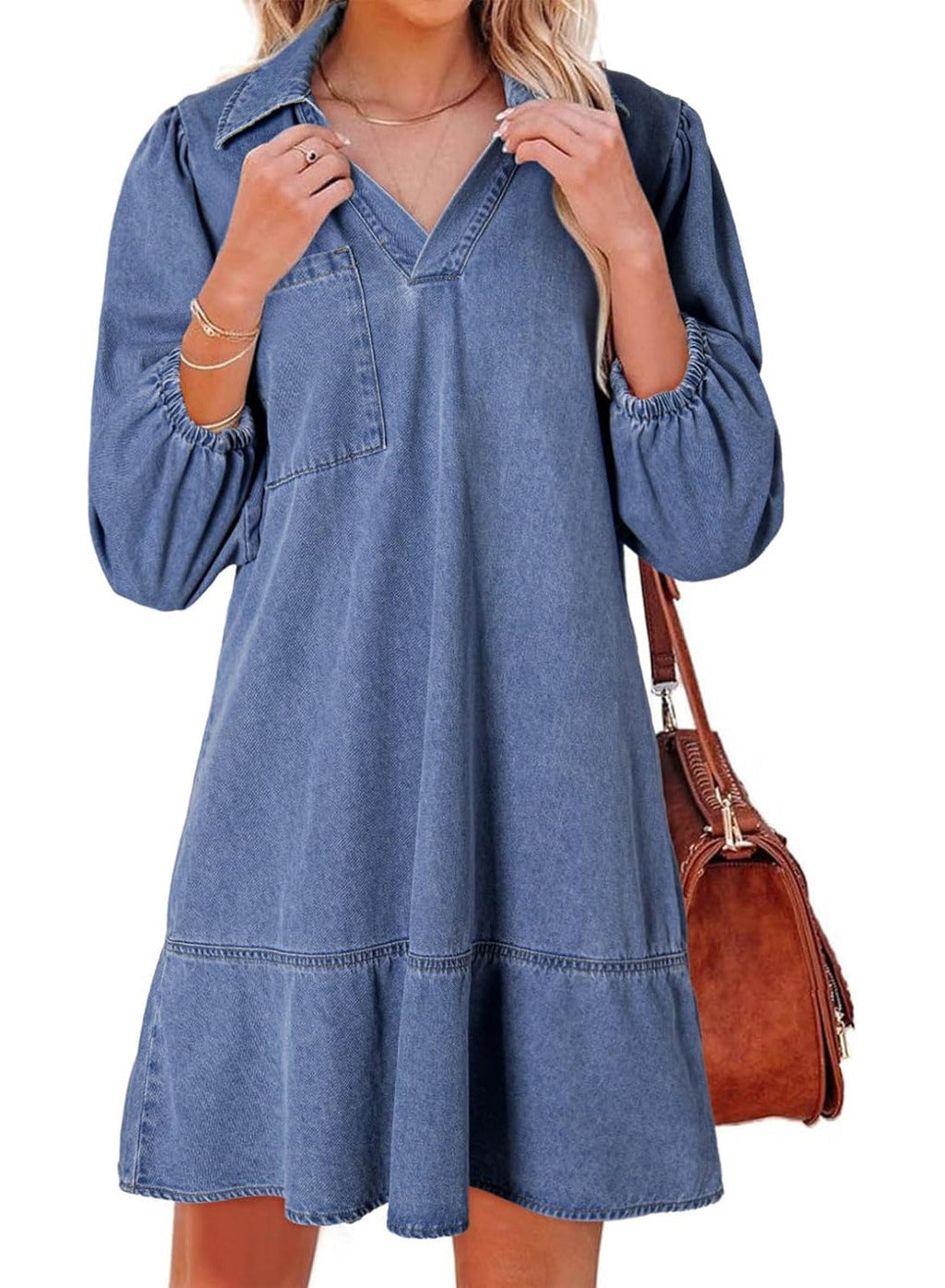 Aria - V-Neck Puff Sleeve Babydoll Dress