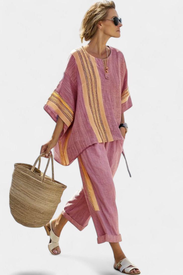 Denisse - Elegant Lavender Top and Mustard-Striped Pants