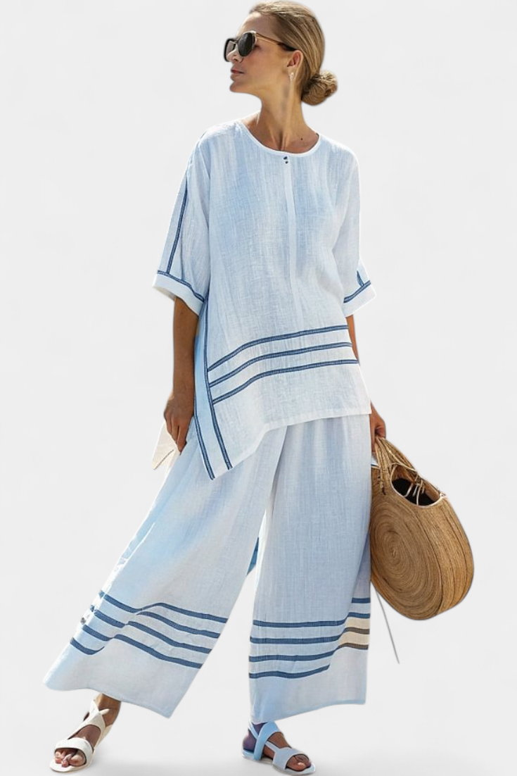 Rina - Sophisticated Asymmetric Striped Top and Bold Pants