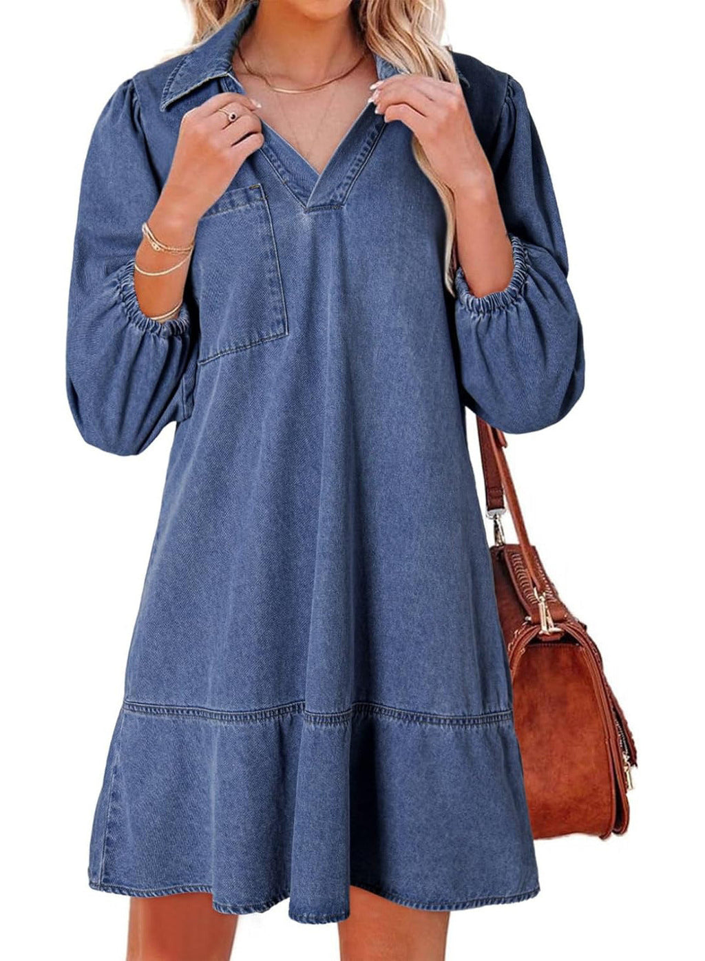 Aria - V-Neck Puff Sleeve Babydoll Dress