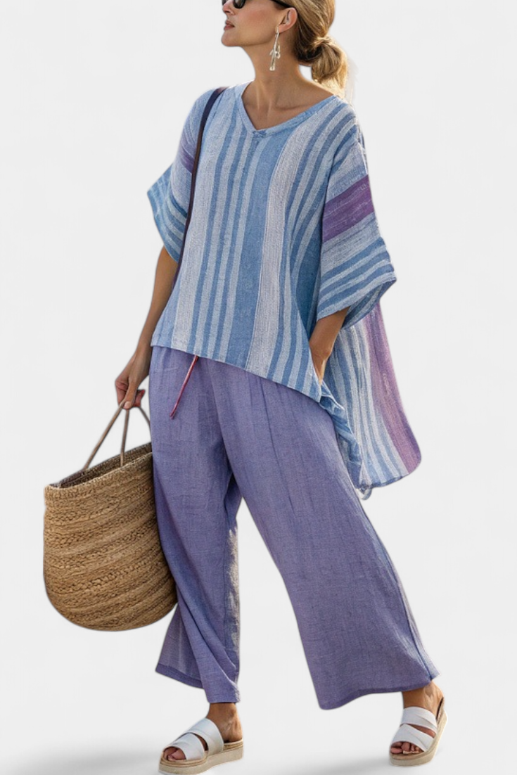 Charlotte - Elegant Lavender and Sky Blue Top and Linen Pants