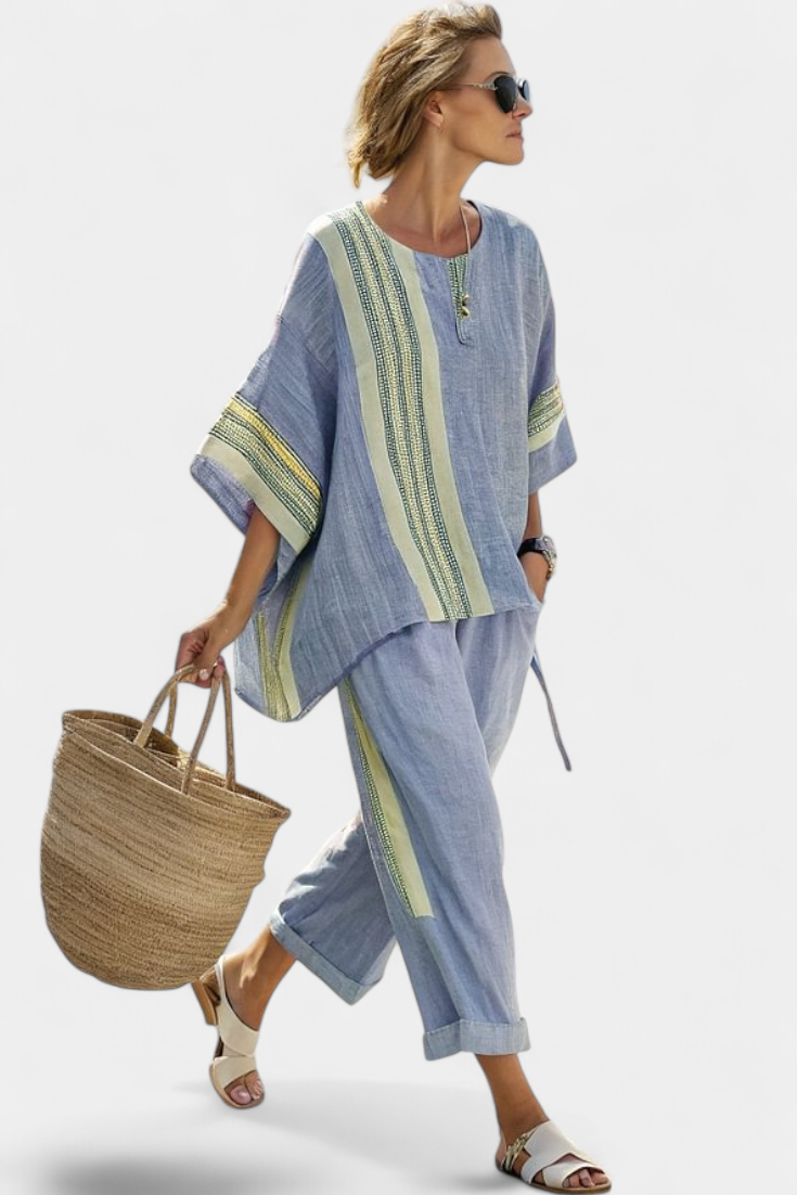 Denisse - Elegant Lavender Top and Mustard-Striped Pants