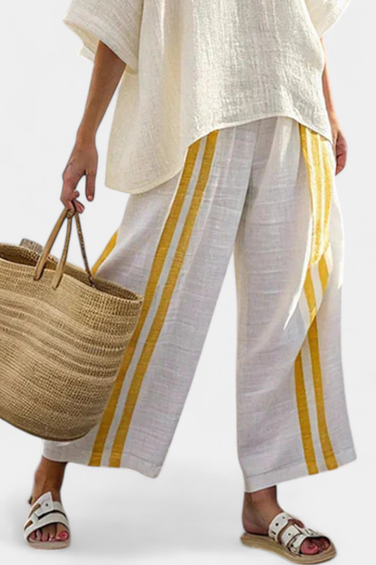 Aria - Yellow Striped Linen Top and Wide-Leg Pants Set
