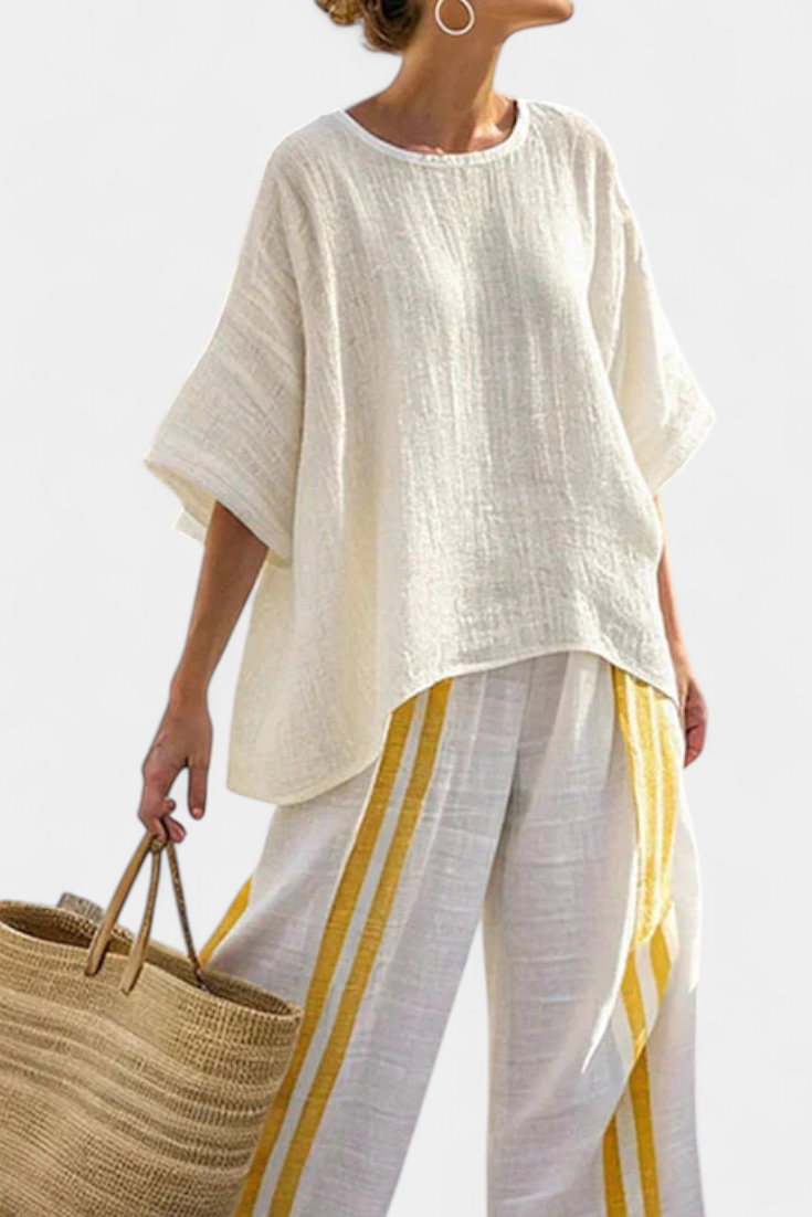 Aria - Yellow Striped Linen Top and Wide-Leg Pants Set