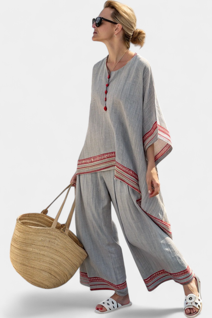 Ross - Sophisticated Asymmetric Blouse and Ethnic Wide-Leg Pants