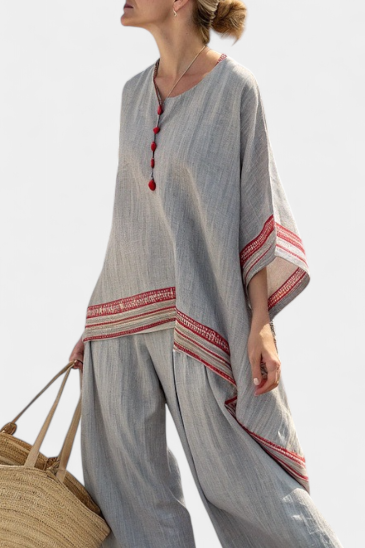 Ross - Sophisticated Asymmetric Blouse and Ethnic Wide-Leg Pants