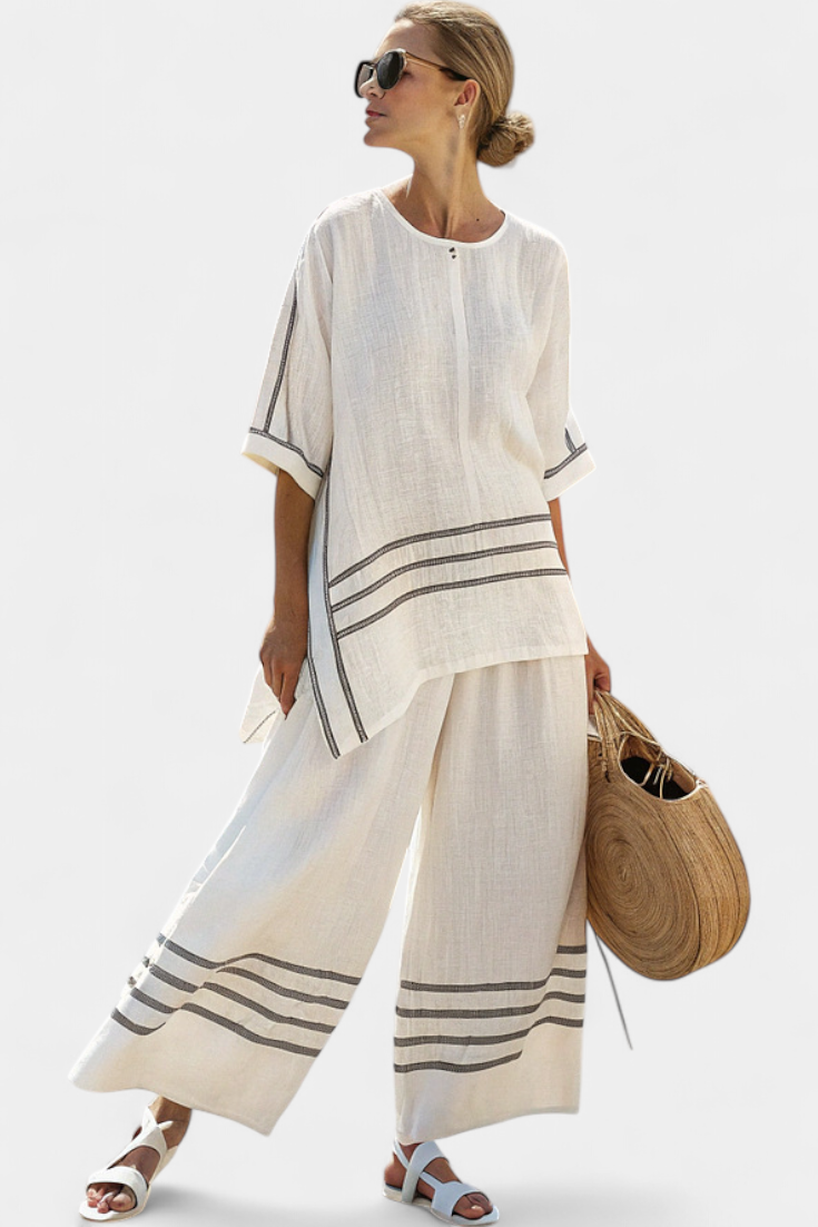 Rina - Sophisticated Asymmetric Striped Top and Bold Pants