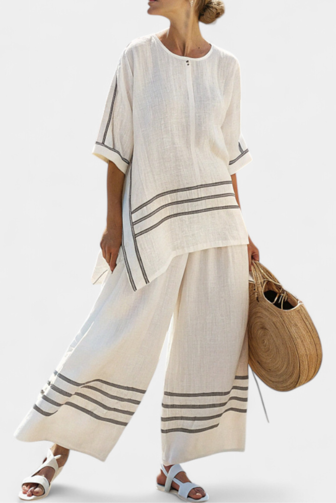 Rina - Sophisticated Asymmetric Striped Top and Bold Pants
