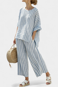 Ricca - Sophisticated Blue Striped Linen Top and Relaxed Pants