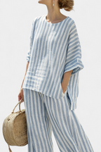 Ricca - Sophisticated Blue Striped Linen Top and Relaxed Pants