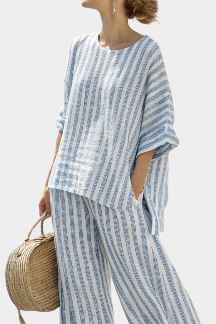 Ricca - Sophisticated Blue Striped Linen Top and Relaxed Pants