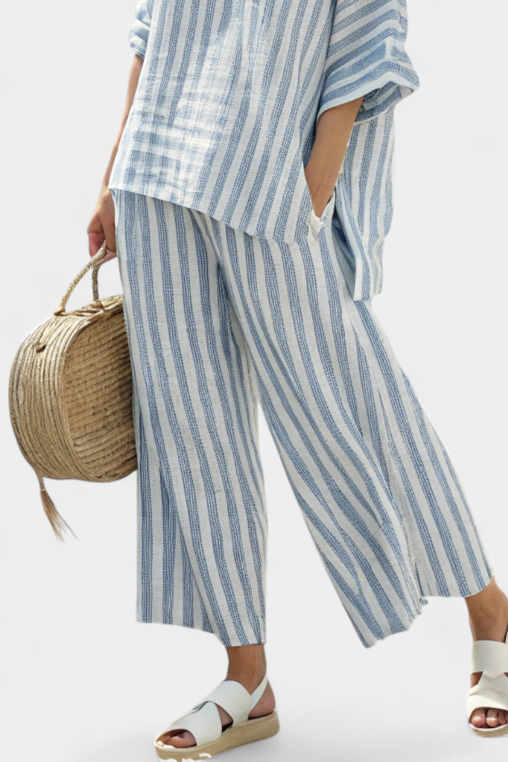 Ricca - Sophisticated Blue Striped Linen Top and Relaxed Pants