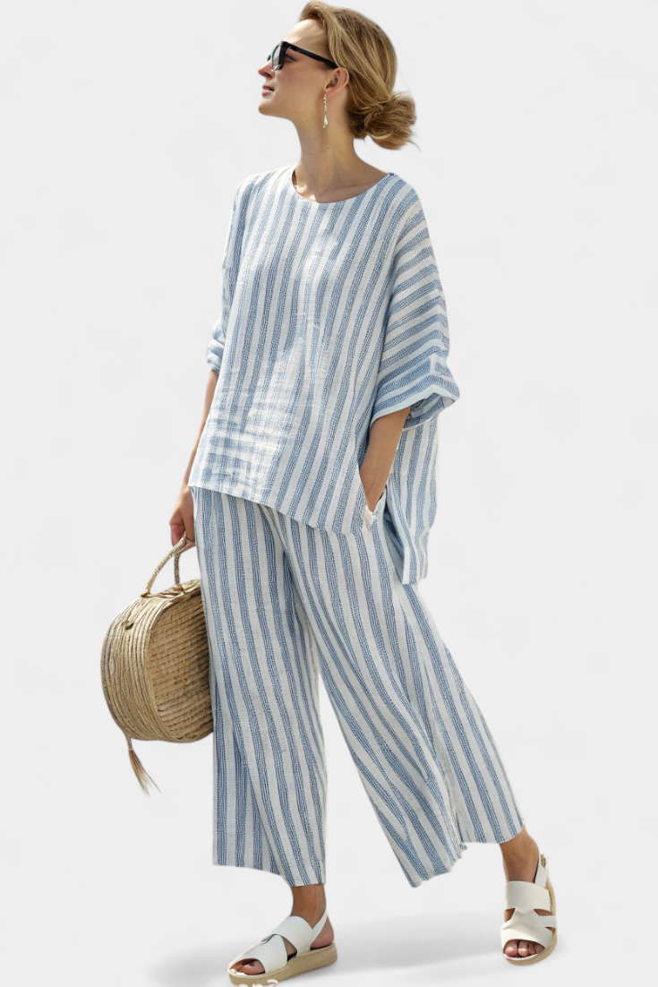 Ricca - Sophisticated Blue Striped Linen Top and Relaxed Pants