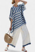 Ella - Sophisticated Blue Striped Top and Pants with Hem Details