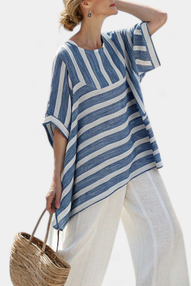 Ella - Sophisticated Blue Striped Top and Pants with Hem Details