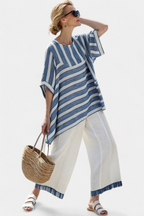 Ella - Sophisticated Blue Striped Top and Pants with Hem Details