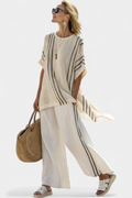 Raffa - Elegant Ivory Linen Blouse and Black Striped Pants