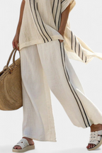 Raffa - Elegant Ivory Linen Blouse and Black Striped Pants