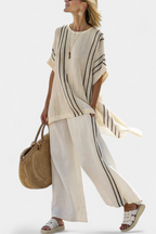 Raffa - Elegant Ivory Linen Blouse and Black Striped Pants